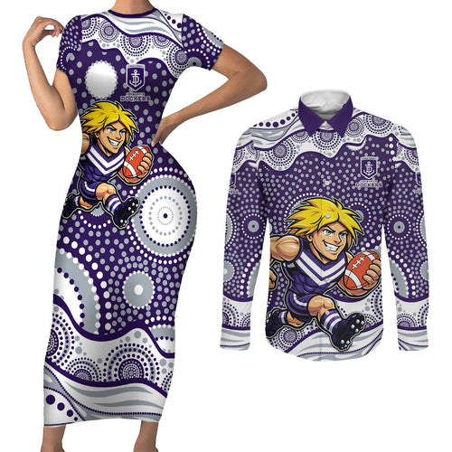 Fremantle Dockers Couples Matching Short Sleeve Bodycon Dress and Long Sleeve Button Shirt Aboriginal Dot Pattern - Football Mascot Heritage Pride