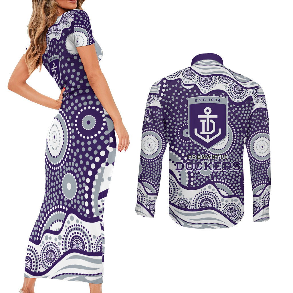 Fremantle Dockers Couples Matching Short Sleeve Bodycon Dress and Long Sleeve Button Shirt Aboriginal Dot Pattern - Football Mascot Heritage Pride