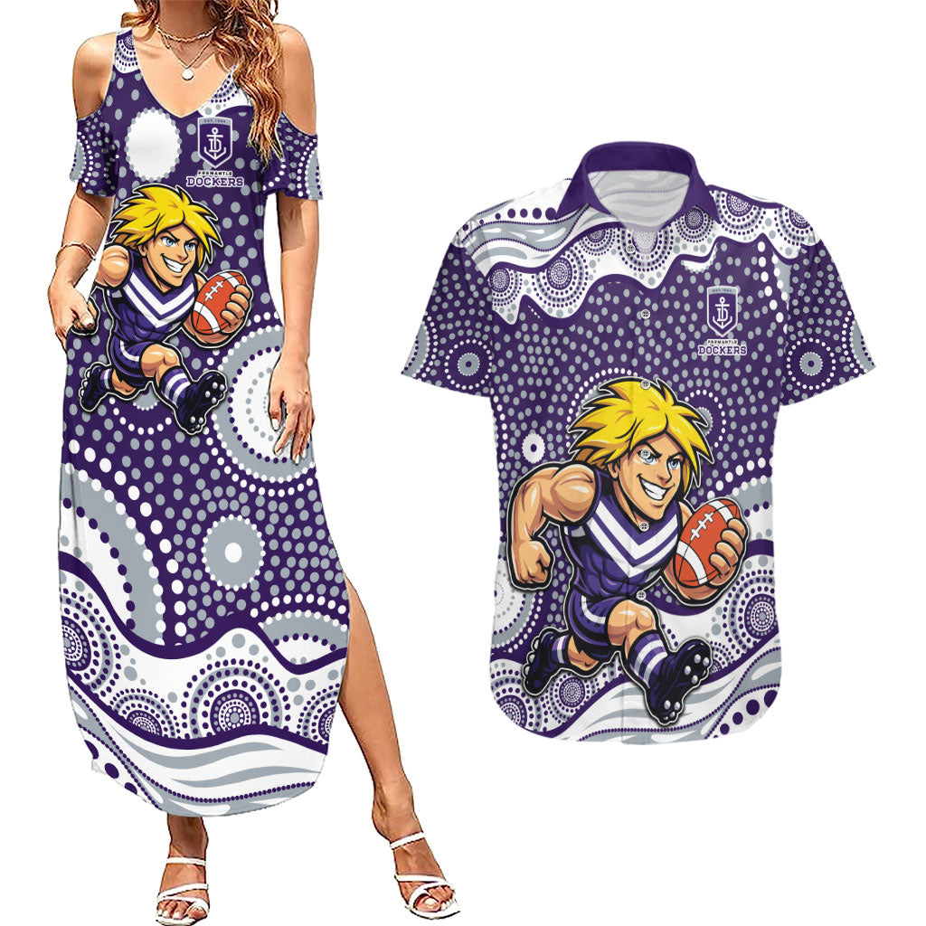 Fremantle Dockers Couples Matching Summer Maxi Dress and Hawaiian Shirt Aboriginal Dot Pattern - Football Mascot Heritage Pride