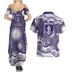 Fremantle Dockers Couples Matching Summer Maxi Dress and Hawaiian Shirt Aboriginal Dot Pattern - Football Mascot Heritage Pride