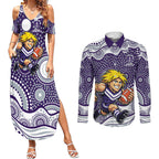 Fremantle Dockers Couples Matching Summer Maxi Dress and Long Sleeve Button Shirt Aboriginal Dot Pattern - Football Mascot Heritage Pride