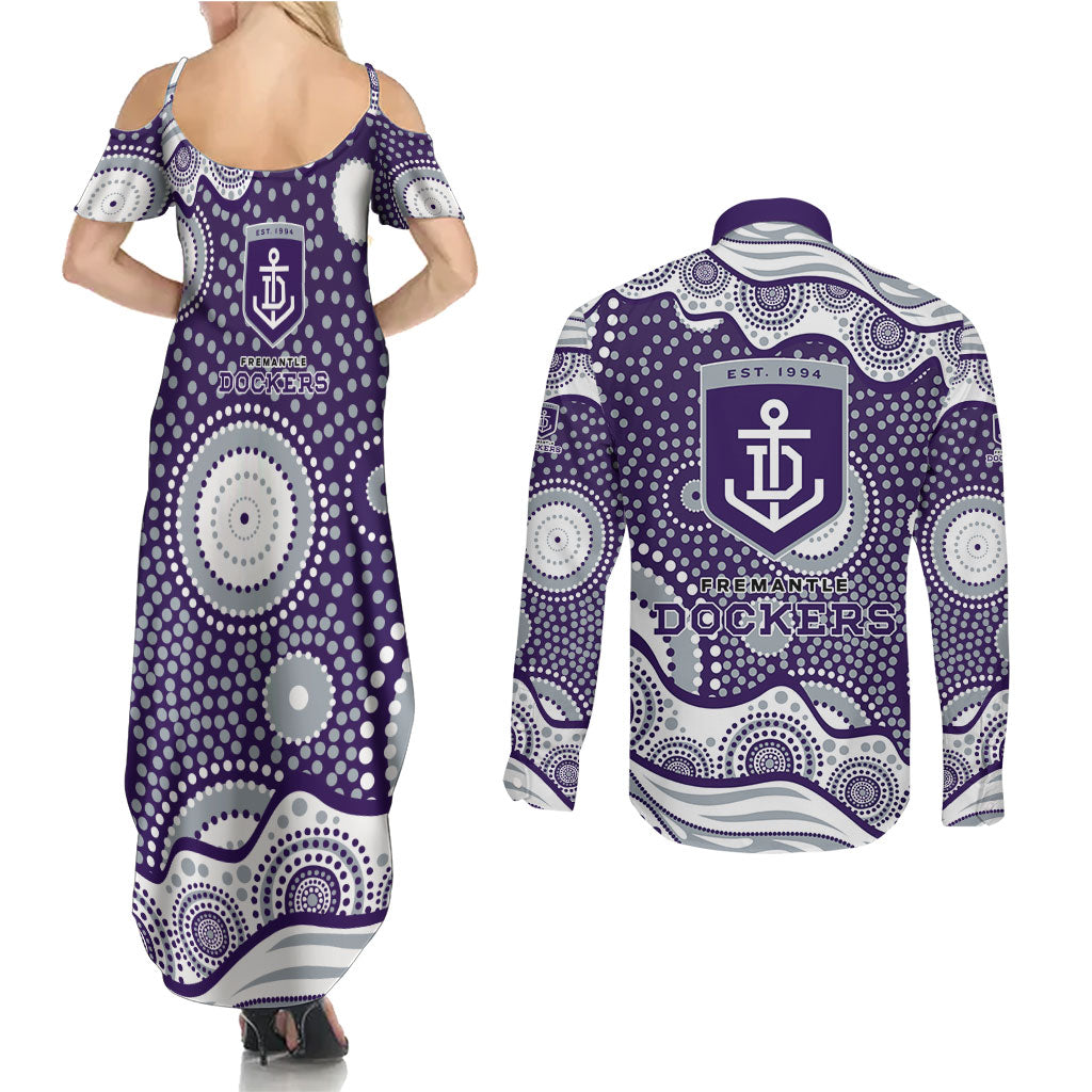 Fremantle Dockers Couples Matching Summer Maxi Dress and Long Sleeve Button Shirt Aboriginal Dot Pattern - Football Mascot Heritage Pride