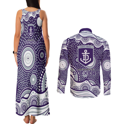 Fremantle Dockers Couples Matching Tank Maxi Dress and Long Sleeve Button Shirt Aboriginal Dot Pattern - Football Mascot Heritage Pride