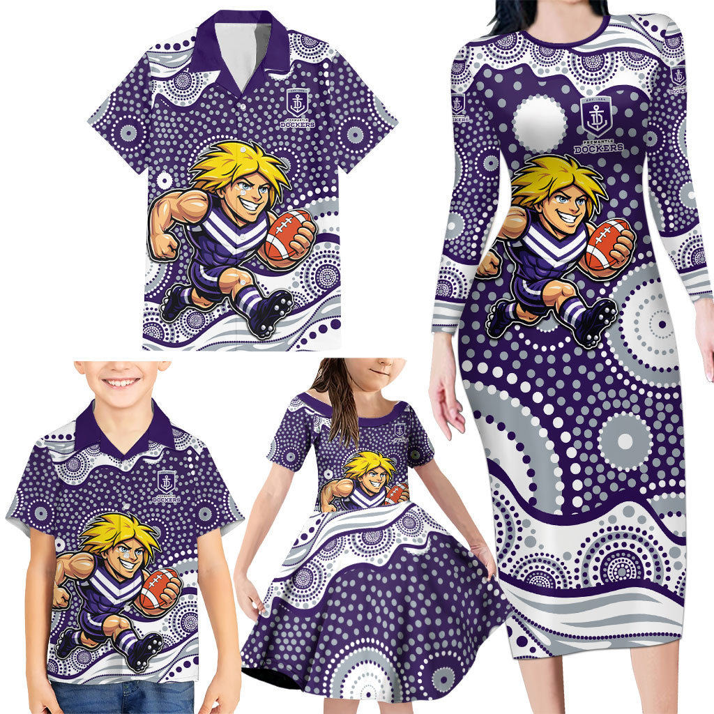 Fremantle Dockers Family Matching Long Sleeve Bodycon Dress and Hawaiian Shirt Aboriginal Dot Pattern - Football Mascot Heritage Pride