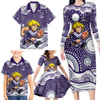Fremantle Dockers Family Matching Long Sleeve Bodycon Dress and Hawaiian Shirt Aboriginal Dot Pattern - Football Mascot Heritage Pride