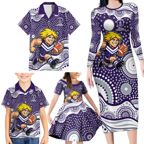 Fremantle Dockers Family Matching Long Sleeve Bodycon Dress and Hawaiian Shirt Aboriginal Dot Pattern - Football Mascot Heritage Pride
