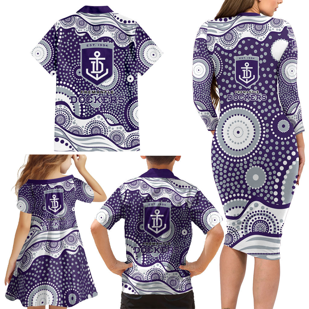 Fremantle Dockers Family Matching Long Sleeve Bodycon Dress and Hawaiian Shirt Aboriginal Dot Pattern - Football Mascot Heritage Pride