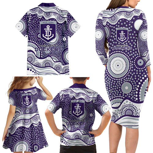Fremantle Dockers Family Matching Long Sleeve Bodycon Dress and Hawaiian Shirt Aboriginal Dot Pattern - Football Mascot Heritage Pride