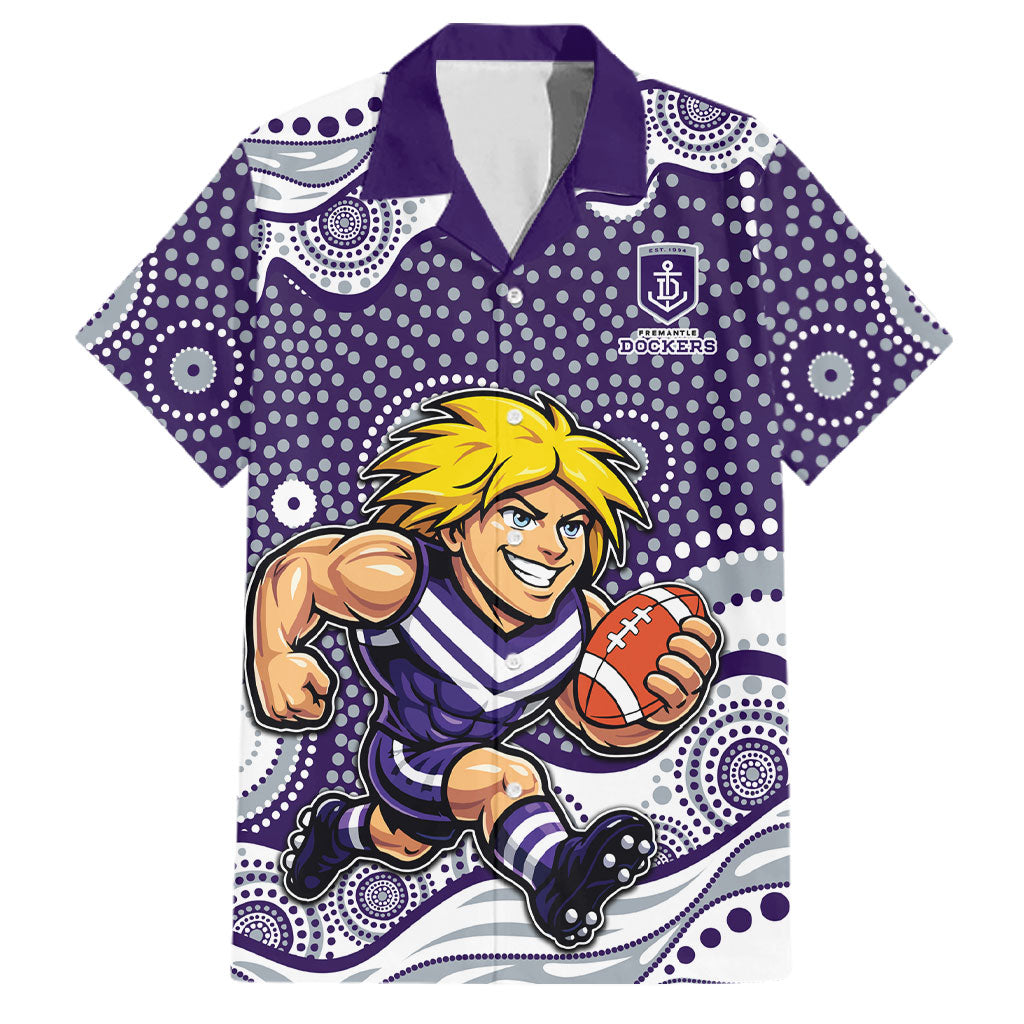 Fremantle Dockers Family Matching Long Sleeve Bodycon Dress and Hawaiian Shirt Aboriginal Dot Pattern - Football Mascot Heritage Pride