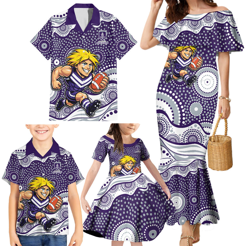 Fremantle Dockers Family Matching Mermaid Dress and Hawaiian Shirt Aboriginal Dot Pattern - Football Mascot Heritage Pride