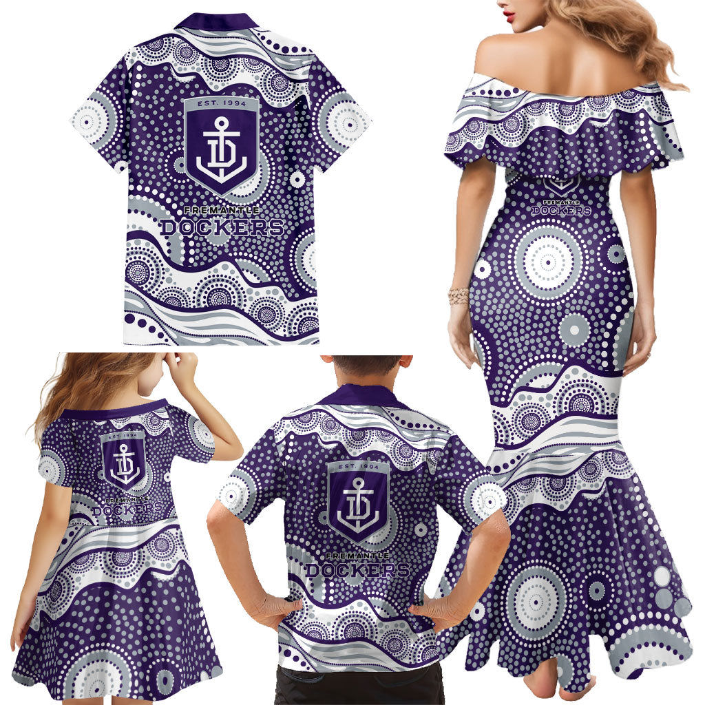 Fremantle Dockers Family Matching Mermaid Dress and Hawaiian Shirt Aboriginal Dot Pattern - Football Mascot Heritage Pride