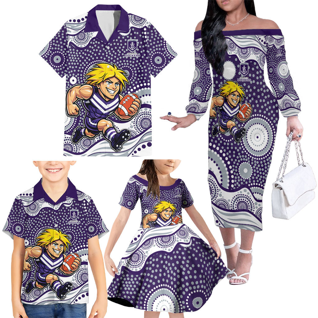 Fremantle Dockers Family Matching Off The Shoulder Long Sleeve Dress and Hawaiian Shirt Aboriginal Dot Pattern - Football Mascot Heritage Pride