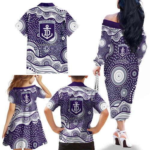 Fremantle Dockers Family Matching Off The Shoulder Long Sleeve Dress and Hawaiian Shirt Aboriginal Dot Pattern - Football Mascot Heritage Pride