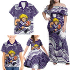Fremantle Dockers Family Matching Off Shoulder Maxi Dress and Hawaiian Shirt Aboriginal Dot Pattern - Football Mascot Heritage Pride