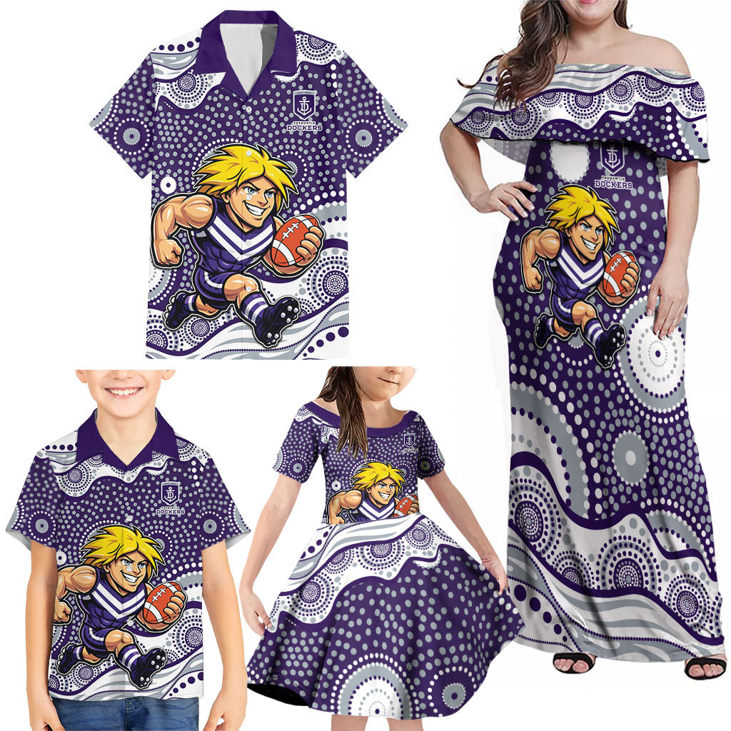 Fremantle Dockers Family Matching Off Shoulder Maxi Dress and Hawaiian Shirt Aboriginal Dot Pattern - Football Mascot Heritage Pride