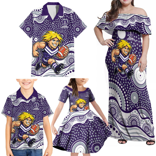 Fremantle Dockers Family Matching Off Shoulder Maxi Dress and Hawaiian Shirt Aboriginal Dot Pattern - Football Mascot Heritage Pride