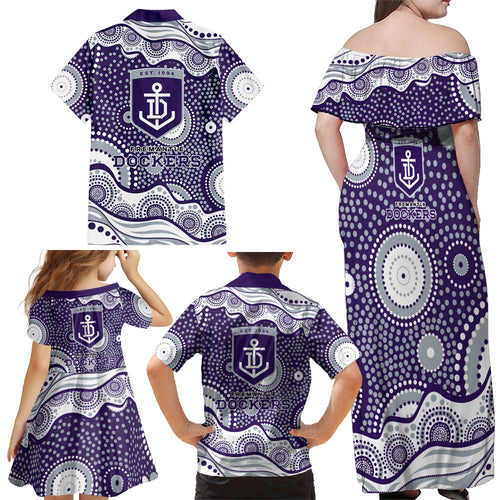 Fremantle Dockers Family Matching Off Shoulder Maxi Dress and Hawaiian Shirt Aboriginal Dot Pattern - Football Mascot Heritage Pride