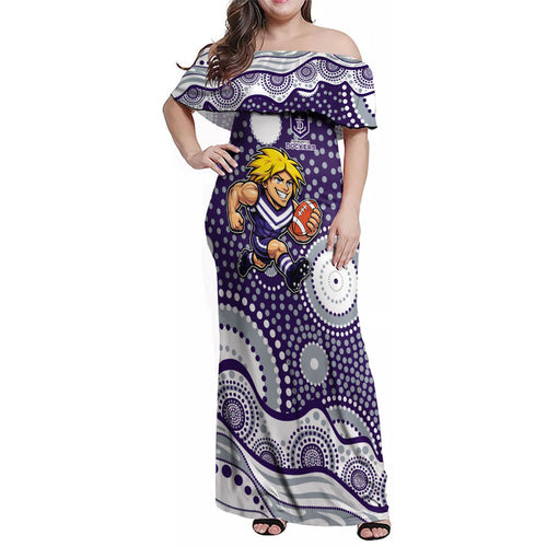 Fremantle Dockers Family Matching Off Shoulder Maxi Dress and Hawaiian Shirt Aboriginal Dot Pattern - Football Mascot Heritage Pride