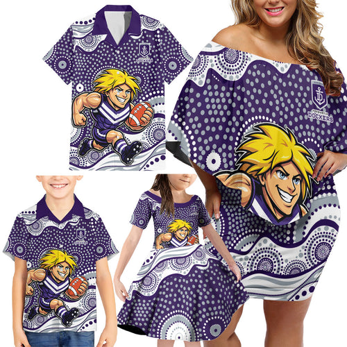 Fremantle Dockers Family Matching Off Shoulder Short Dress and Hawaiian Shirt Aboriginal Dot Pattern - Football Mascot Heritage Pride
