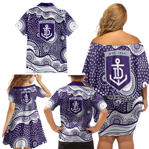 Fremantle Dockers Family Matching Off Shoulder Short Dress and Hawaiian Shirt Aboriginal Dot Pattern - Football Mascot Heritage Pride