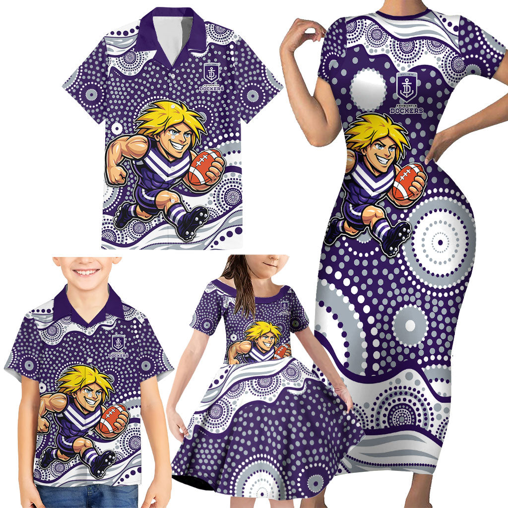 Fremantle Dockers Family Matching Short Sleeve Bodycon Dress and Hawaiian Shirt Aboriginal Dot Pattern - Football Mascot Heritage Pride