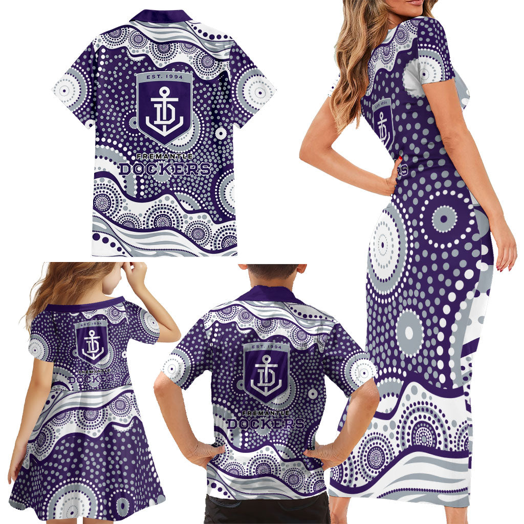 Fremantle Dockers Family Matching Short Sleeve Bodycon Dress and Hawaiian Shirt Aboriginal Dot Pattern - Football Mascot Heritage Pride