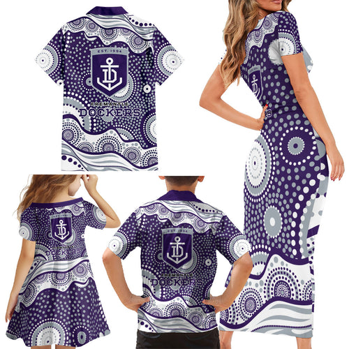 Fremantle Dockers Family Matching Short Sleeve Bodycon Dress and Hawaiian Shirt Aboriginal Dot Pattern - Football Mascot Heritage Pride