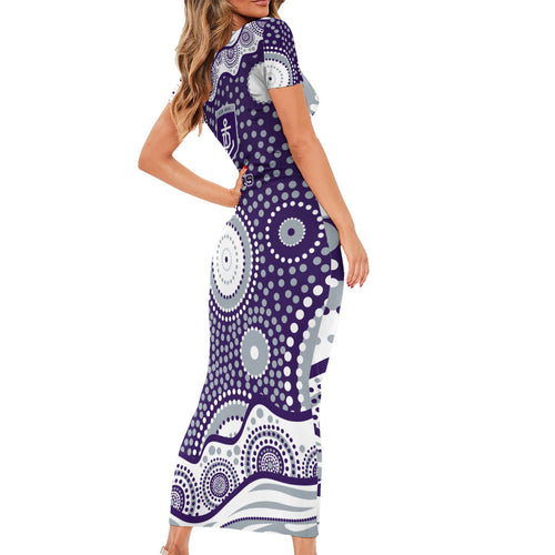 Fremantle Dockers Family Matching Short Sleeve Bodycon Dress and Hawaiian Shirt Aboriginal Dot Pattern - Football Mascot Heritage Pride
