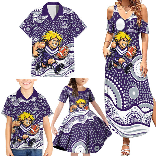 Fremantle Dockers Family Matching Summer Maxi Dress and Hawaiian Shirt Aboriginal Dot Pattern - Football Mascot Heritage Pride