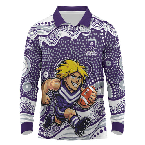 Fremantle Dockers Long Sleeve Polo Shirt Aboriginal Dot Pattern - Football Mascot Heritage Pride
