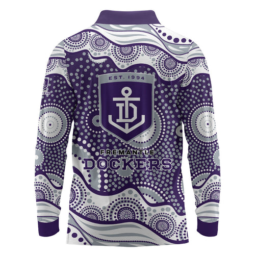 Fremantle Dockers Long Sleeve Polo Shirt Aboriginal Dot Pattern - Football Mascot Heritage Pride