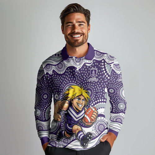 Fremantle Dockers Long Sleeve Polo Shirt Aboriginal Dot Pattern - Football Mascot Heritage Pride