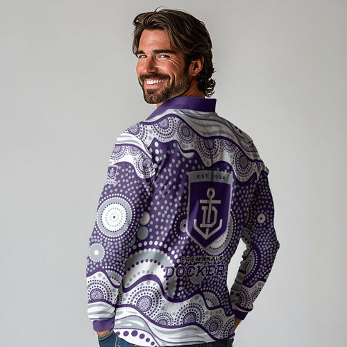 Fremantle Dockers Long Sleeve Polo Shirt Aboriginal Dot Pattern - Football Mascot Heritage Pride