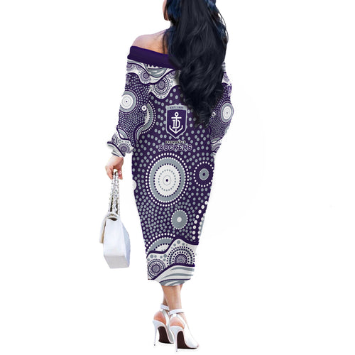 Fremantle Dockers Off The Shoulder Long Sleeve Dress Aboriginal Dot Pattern - Football Mascot Heritage Pride