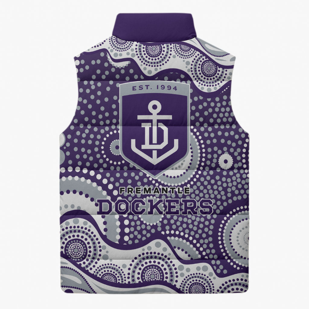 Fremantle Dockers Sleeveless Puffer Jacket Aboriginal Dot Pattern - Football Mascot Heritage Pride