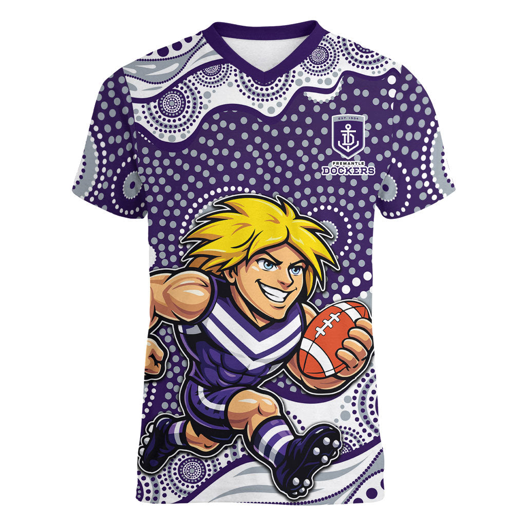 Fremantle Dockers Women V-Neck T-Shirt Aboriginal Dot Pattern - Football Mascot Heritage Pride