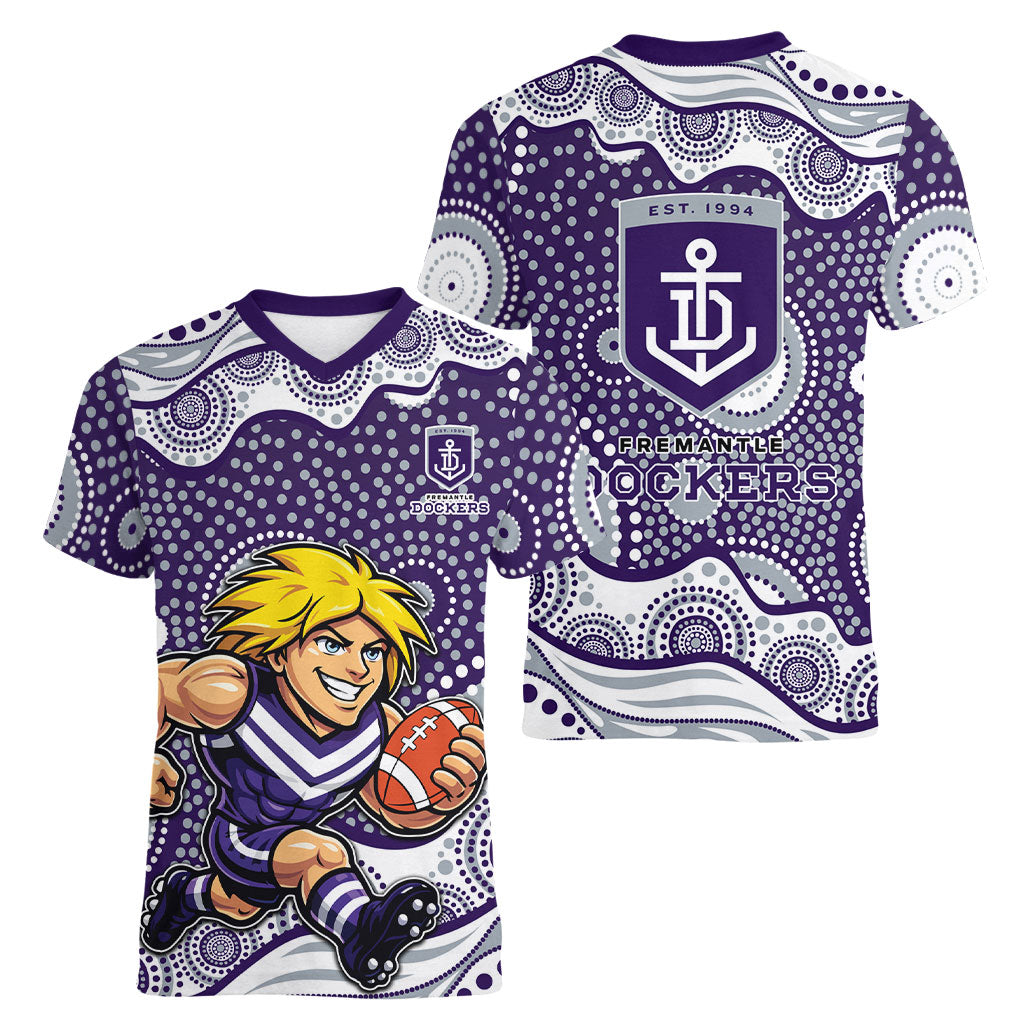 Fremantle Dockers Women V-Neck T-Shirt Aboriginal Dot Pattern - Football Mascot Heritage Pride