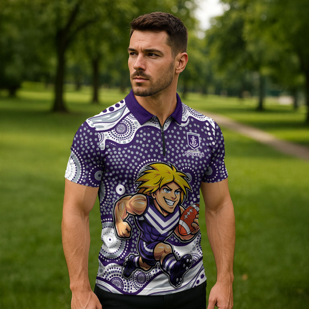 Fremantle Dockers Zipper Polo Shirt Aboriginal Dot Pattern - Football Mascot Heritage Pride