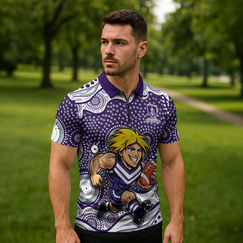 Fremantle Dockers Zipper Polo Shirt Aboriginal Dot Pattern - Football Mascot Heritage Pride