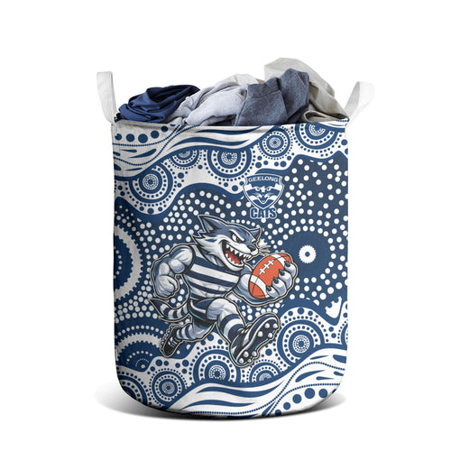 Geelong Cats Laundry Basket Aboriginal Dot Pattern - Football Mascot Heritage Pride