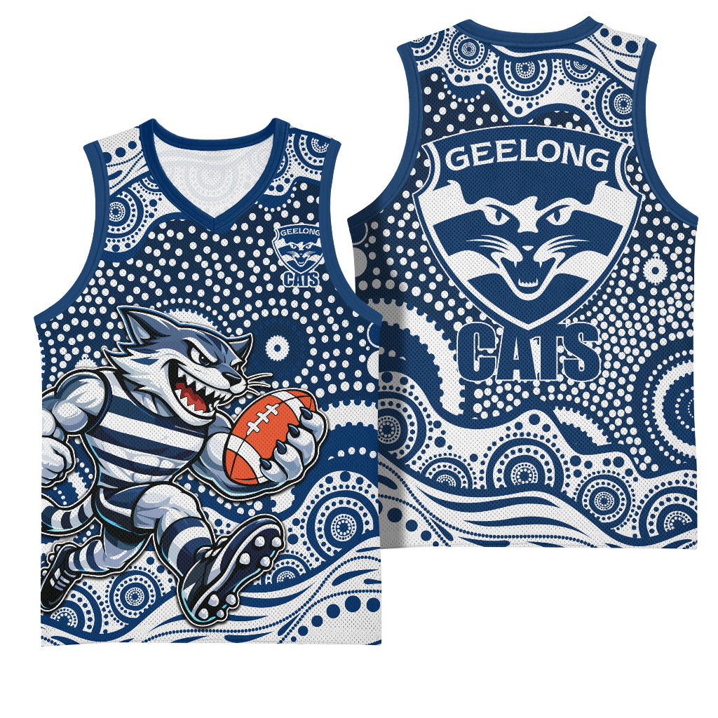 Geelong Cats Basketball Jersey Aboriginal Dot Pattern - Football Mascot Heritage Pride
