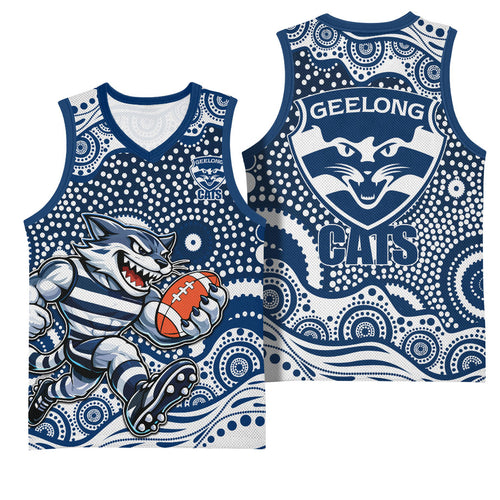 Geelong Cats Basketball Jersey Aboriginal Dot Pattern - Football Mascot Heritage Pride