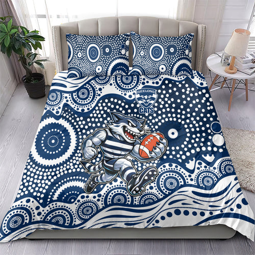 Geelong Cats Bedding Set Aboriginal Dot Pattern - Football Mascot Heritage Pride