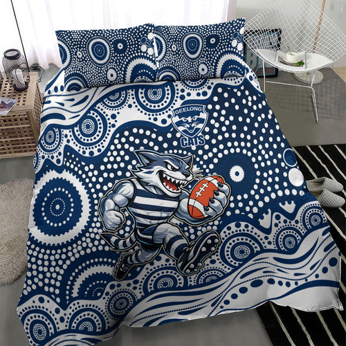Geelong Cats Bedding Set Aboriginal Dot Pattern - Football Mascot Heritage Pride