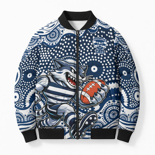 Geelong Cats Bomber Puffer Jacket Aboriginal Dot Pattern - Football Mascot Heritage Pride