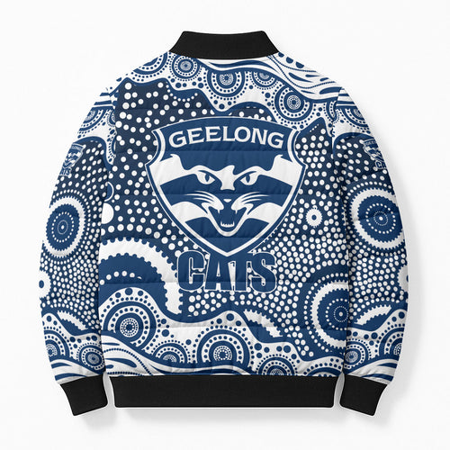 Geelong Cats Bomber Puffer Jacket Aboriginal Dot Pattern - Football Mascot Heritage Pride