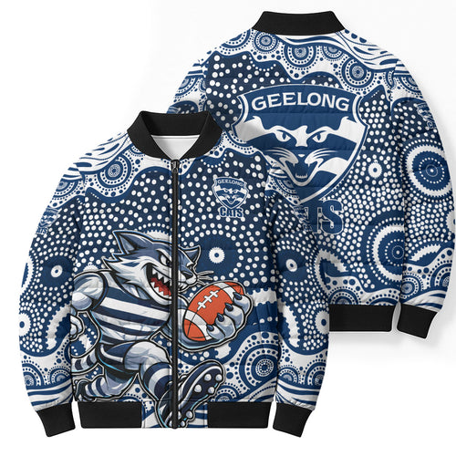 Geelong Cats Bomber Puffer Jacket Aboriginal Dot Pattern - Football Mascot Heritage Pride
