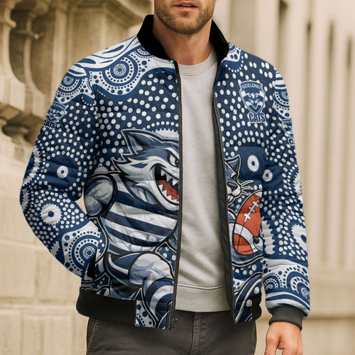 Geelong Cats Bomber Puffer Jacket Aboriginal Dot Pattern - Football Mascot Heritage Pride