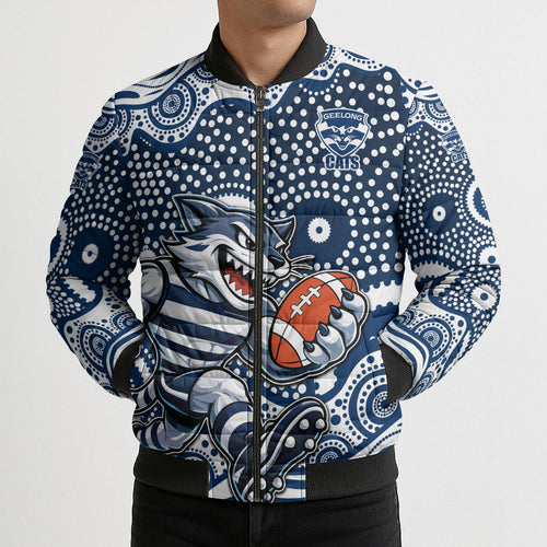 Geelong Cats Bomber Puffer Jacket Aboriginal Dot Pattern - Football Mascot Heritage Pride