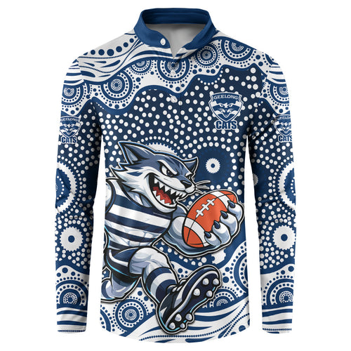 Geelong Cats Button Sweatshirt Aboriginal Dot Pattern - Football Mascot Heritage Pride